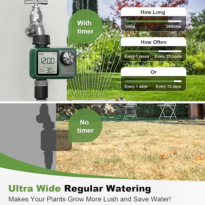 Water Timer for Outdoor Garden Hose, Sprinkler Timer for Garden Faucet with Auto/Manual/Rain Delay Mode, Sprinkler Irrigation Controller for Yard Lawn (1 Zone Plastic Inlet)