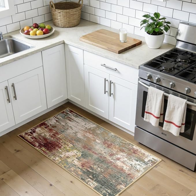 RELEANY Washable 2'x4' Abstract Area Rug for Living Room Rustic Brown | Carpet for Bedroom, Kitchen, Office, Hallway and Entryway, Printed Pattern, Non‑Slip, Soft, Stain‑Resistant, Easy to Clean