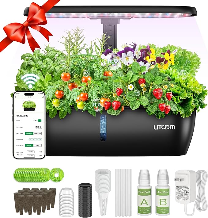 litokam Hydroponics Growing System Kit, 15-Pod Indoor Herb Garden Planter with 24W Grow Light & APP Control, Indoor Gardening System with 2 Grow Modes, Quiet Pump & 24H Timer