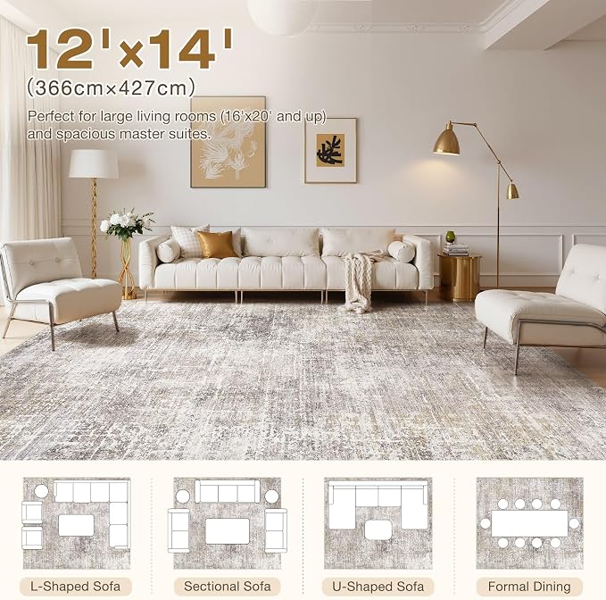 kakania Abstract 12x14 Area Rugs for Living Room: Washable Rugs Brown Gold | Soft, Non-Slip, Low-Pile, Pet & Kid Friendly - Large Modern Home Decor Carpet for Bedroom/Dining Room/Office/Nursery