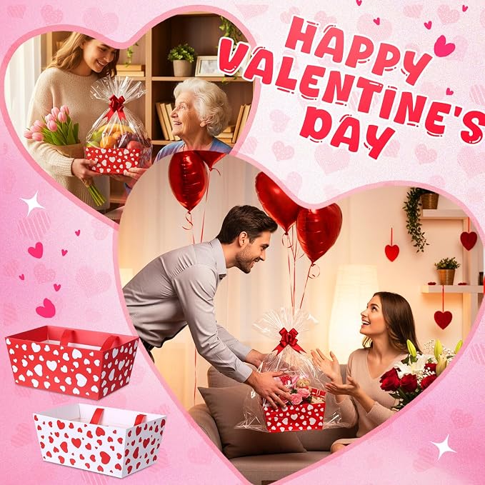 Qinyoung 12 Pack Valentine's Day Baskets for Gifts Empty Red White Heart Gift Basket with Handles, Pull Bows, Cellophane Bags and Twist Ties for Valentine Party Favor Supplies, 9.8 x 6.5 Inch