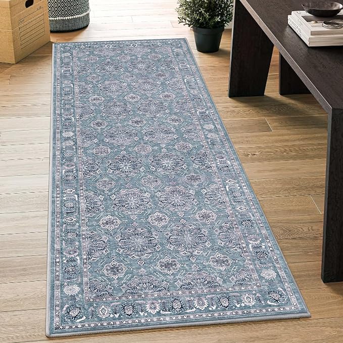 SERISSA 2x6 Washable Non Slip Floral Boho Runner Rug for Hallway | Ultra Soft Vintage Floral Carpet Low-Pile Blue Grey Indoor Mat Throw Rug for Kitchen Bedroom Bathroom Laundry Living Room