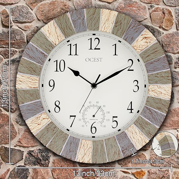 OCEST Indoor Outdoor Clock and Thermometer, 13 Inch Large Waterproof Wall Clocks, Retro Silent Non-Ticking Battery Operated Weatherproof Clock for Patio, Pool, Lanai, Fence, Porch, Garden