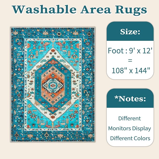 SERISSA 9x12 Washable Non Slip Boho Area Rug for Living Room，Blue | Ultra Soft Vintage Oriental Carpet Low-Pile Distressed Tribal Throw Carpet for Dining Room Bedroom Dorm Office Home Decor