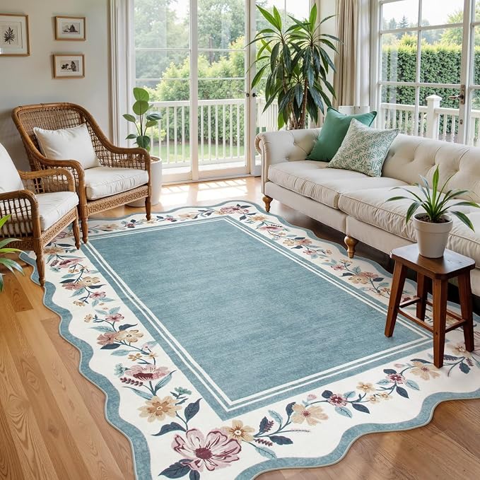 Lahome Floral Area Rug 5x7 for Living Room, Washable Blue Scalloped Rug | Soft Low Pile Large Rugs for Bedroom, Farmhouse, Dining Room, Kids, Ariele