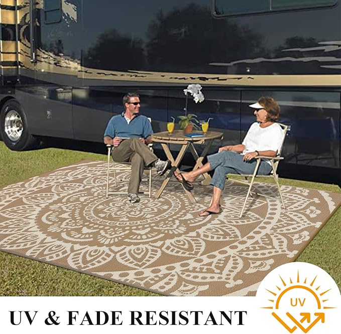 Bsmathom Waterproof Outdoor Rug 6'x9' Reversible Boho Plastic Straw Patio Deck Camping Rugs, Indoor Outdoor Portable RV Mat Clearance Carpet for Outside, Porch, Balcony, Backyard, Beach, Pool,Brown