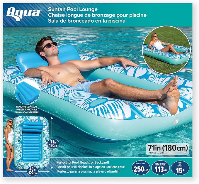 Aqua Inflatable Tanning Pool Lounger, Premium Pool Float with Cupholders and Removeable Pillow for Relaxation and Fun