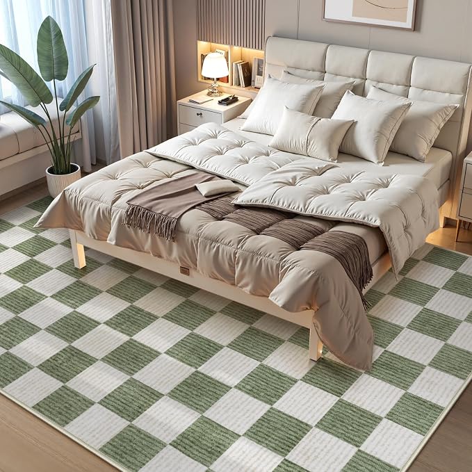LIVEBOX 8x10 Area Rugs for Living Room, Checkered Non-Slip Washable Rugs, Farmhouse Neutral Classic Geometric Large Boys Area Rug for Bedroom, Carpet for Living Dining Room Office(Sage Green,8'x10')