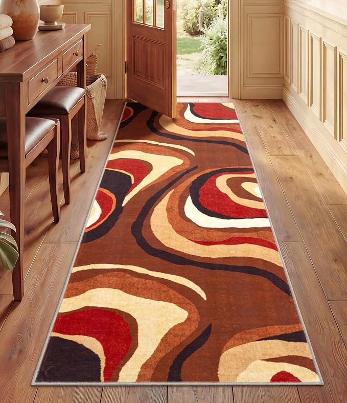 Burnt Orange Runner Rug 2x6 for Hallway,Farmhouse Brown Retro Carpets Washable,Geometric Abstract Wavy Rug,Unique Colorful Rugs for Dining Room,Kitchen,Bedside Rugs