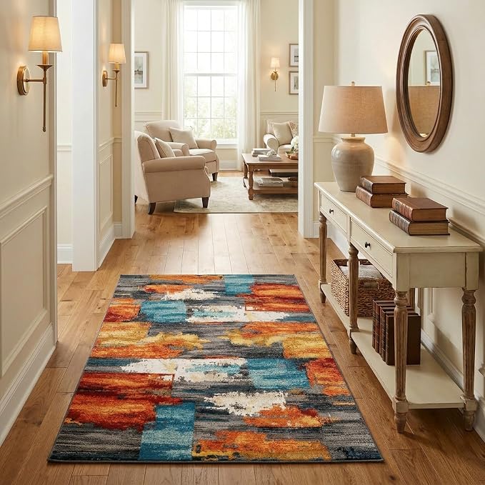 3x5 Burnt Orange and Teal Abstract Brushstroke Area Rug | Soft Low-Pile Machine-Washable Rug with Non-Slip Backing for Dining Rooms, Entryways and Reading Areas for Easy Everyday Care