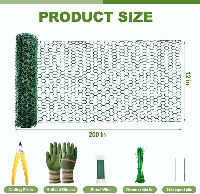 All-in-One 200 Inch Plant Protectors from Animals Kit - 0.85mm Heavy Duty Chicken Wire Cloche,Free-Cut Wire Mesh Roll Includes Pliers, Gloves, Ties, Stakes for Custom Outdoor Cages (12 * 200 Inch)