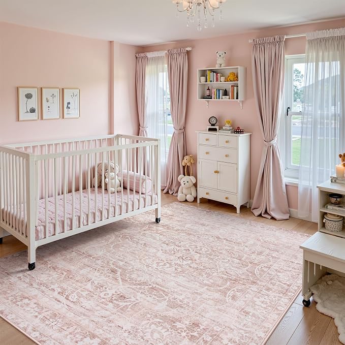 Lahome Pink Area Rugs 8x10,Floral Large Area Rugs for Girl Nursery Room | Washable Boho Living Room Rugs,Non-Slip Soft Bedroom Rug 8x10 Under Bed Rug for Dining Room Table Office Aube (Pink,8'X10')