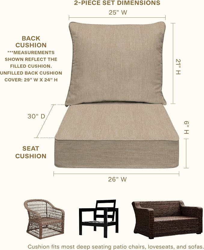 Honeycomb Outdoor Heritage Deep Seat, 25 x 26, Textured Solid Birch Tan Chair Cushion with Removable Cover, for Patio Furniture
