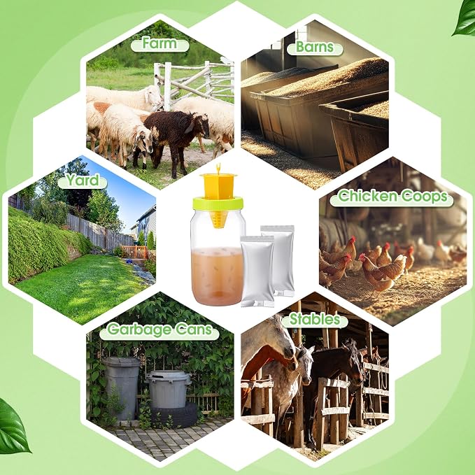 12 Pack Fly Traps Outdoor, Reusable Fly Catcher Bottles with Bait Hanging Flies Traps with Non-Toxic Dissolvable Bait Refills for Flying Insect Drain Patio Garden Yard Barn Outdoor