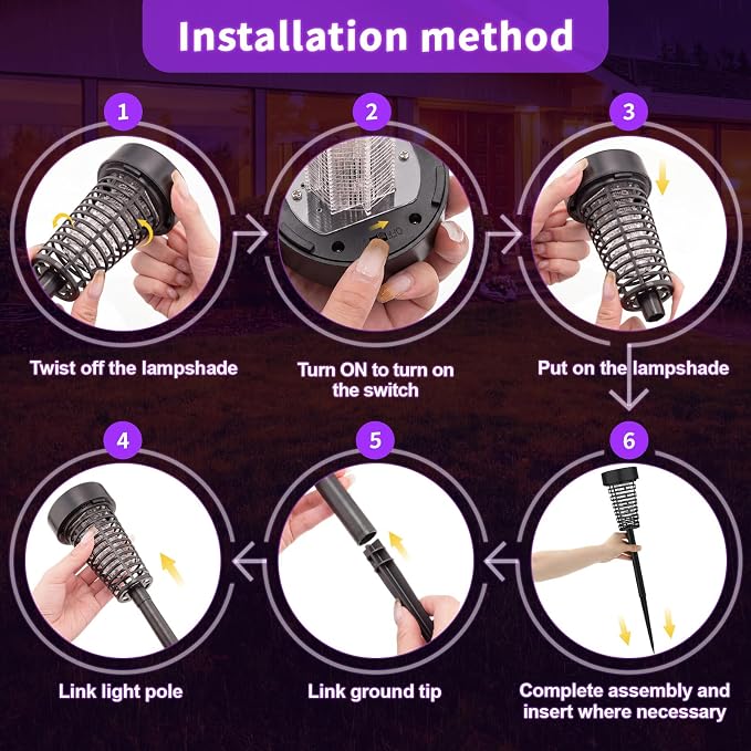 Qualirey 4 Pack Solar Bug Zapper Outdoor Waterproof Mosquito Repellent Killer Bug Zapper Lamp with LED Light for Outdoor Garden Patio Yard (Purple and Warm Light,Black)