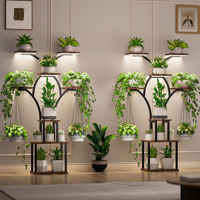 Elbourn 8 Tiered 60" Tall Plant Stand Indoor Shelf with Grow Lights (Brown) | Corner Shelf Decor