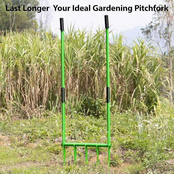 56'' Heavy Duty Broadfork for All the Soils, Unbreakable Pitchfork, 5 Sharp Cambered 11'' Tines Bord Fork Garden Tool, Ergonomic Handles, Good Package, Easy Assembly, Cultivator & Tiller, Green.