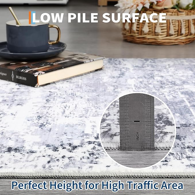 ROYHOME Modern Abstract Runner Rug 2x5 Washable Non Slip, Light Grey | Stain Resistant Rug for Bedroom Living Room Non Shedding Low Pile Indoor Floor Cover