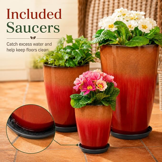 Neoaider Set of 3 Tall Planter, 24/21/12in Large Plastic Planter, Firey Red | Ceramic-Look, Lightweight, Built-in Drain Hole, Saucers, Tall Outdoor Planter for Porch, Garden, Patio, Balcony