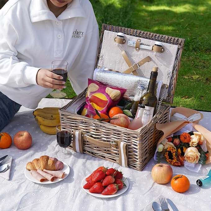 G GOOD GAIN Picnic Basket for 2 - Wicker Picnic Set with Waterproof Blanket| Large Picnic Hamper with Insulated Cooler & Cutlery Kit for Couples Camping,White Flower,15x11x7.5inch
