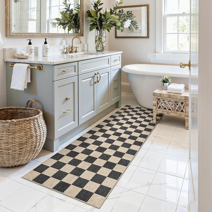 LIVEBOX Washable Runner Rug Checkered, 2x6 Black Runner Rugs for Hallway, Non-Slip Kitchen Runners, Farmhouse Neutral Classic Geometric for Hallways, Entryway, Bedroom, Bathroom(Black 2'x6')
