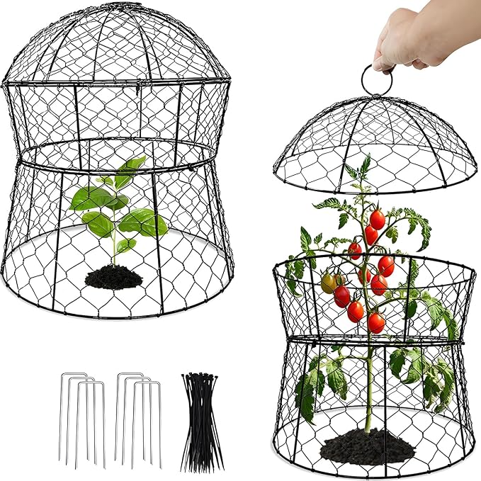Garden Cloches for Plants 2 Pack Metal Plant Protectors from Animals Chicken Wire Cloche Updated Plant Cages for Outdoor Plants Vegetables Seedlings 13" D x 14" H