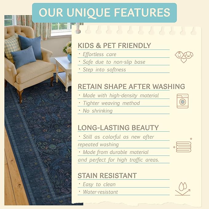 6x9 Rugs for Living Room Non Slip, Low Pile Soft Navy Blue Rugs for Bedroom, Floral Washable Dining Room Carpet, Dark Blue Victorian Mats