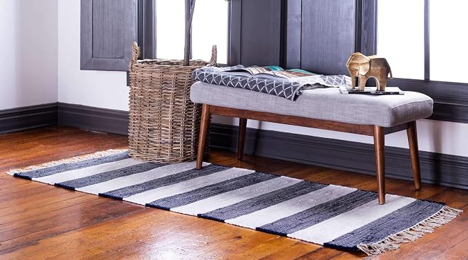 Unique Loom Chindi Rag Collection Area Rug - Striped (2' 7" x 6' 1" Runner, Navy Blue/ Ivory)