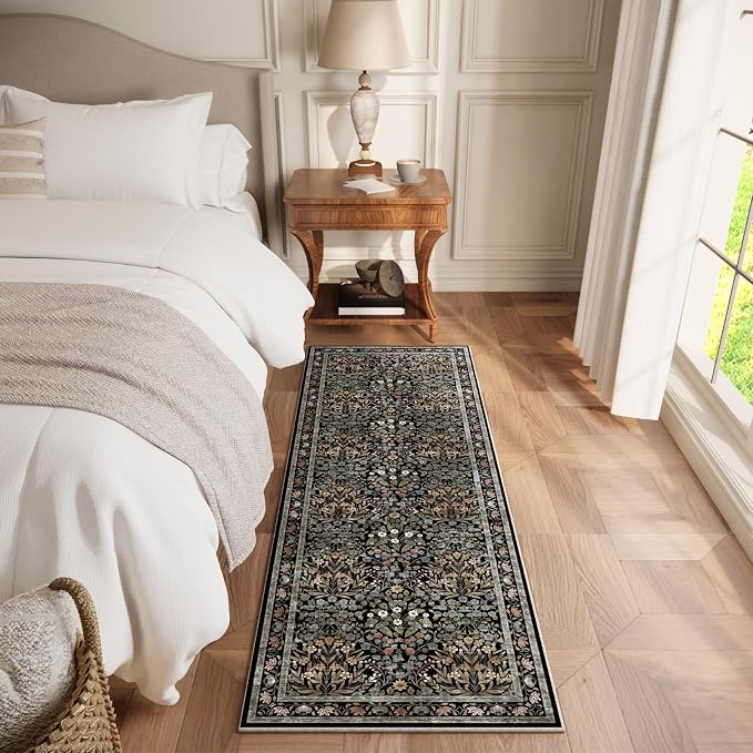 Vintage Floral Area Rug Runner 2x6 Washable Ultra-Thin Boho Carpet for Hallway, Kitchen, Bedroom, Bathroom, Laundry Room
