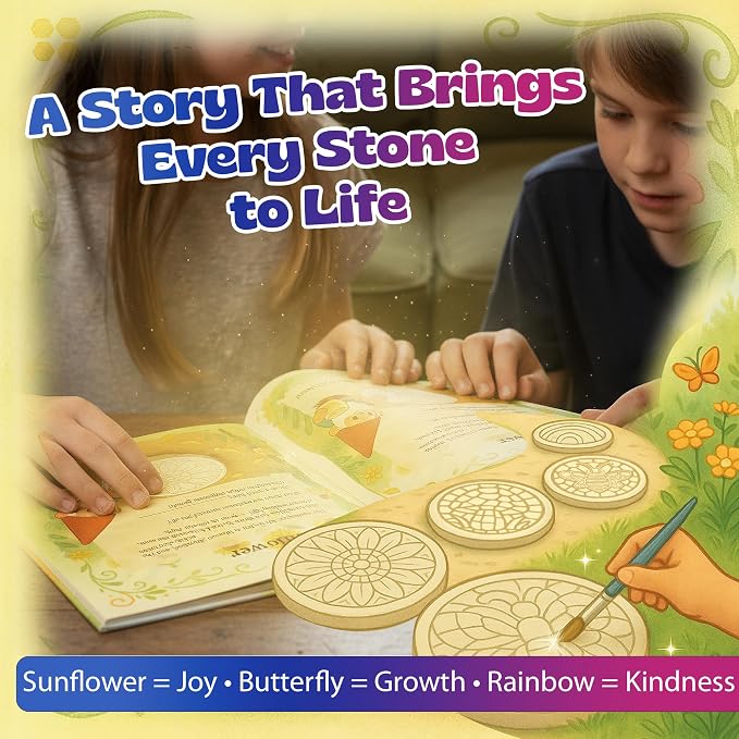 Pinwheel Crafts Stepping Stone Kit for Kids – Paint Your Own Mosaic Stones with Storybook | 5 Preprinted Cement Designs, Waterproof Paints, Brushes & Markers | Creative Garden Craft Gift for Ages 6+