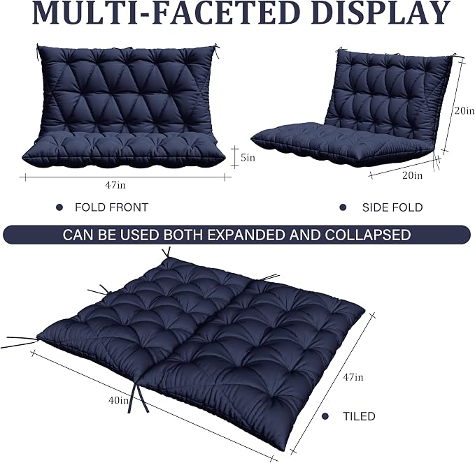 Porch Swing Cushion with Backrest,Waterproof Bench Cushion for Outdoor Furniture,2-3 Seater Replacement Thickened 5 in swing cushion,with Ties,Patio,Outdoor,Backyard and Garden (Navy Blue,47x40 in)