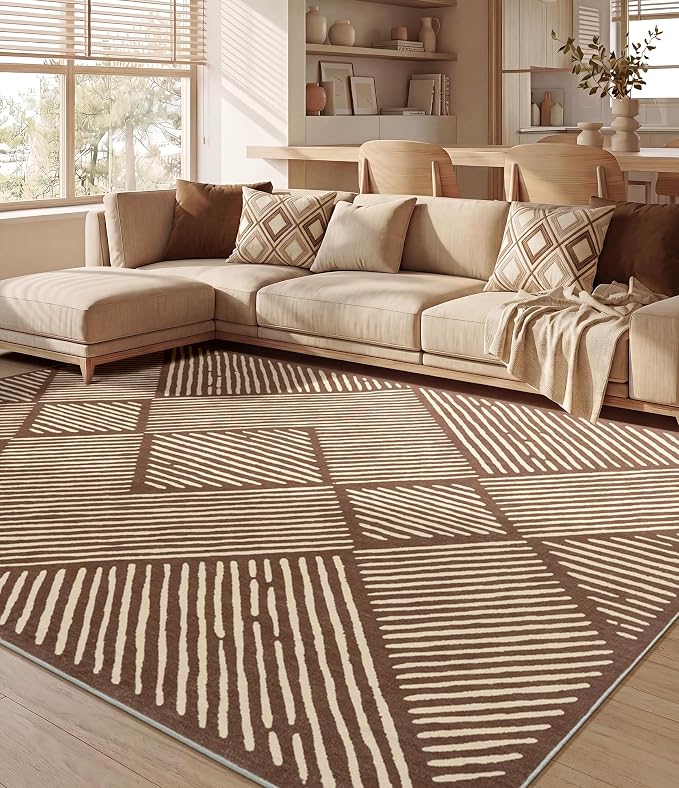 6‘x9' Washable Brown Stripe Modern Area Rug for Living Room | Soft, Non-Slip, Low Pile, Large Earth Tone Geometric Rug for Bedroom Dining Room