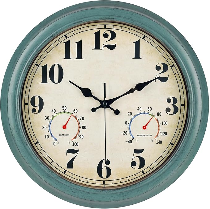 zyzamay 13 Inch Outdoor Clock with Thermometer and Hygrometer, Waterproof and Silent, Large Easy-to-Read Numbers, Ideal for Bedroom,Office,Living Room,Porch,Garden,Pool(Green)