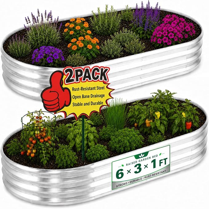 HOOPLE 2 Pack Raised Garden Bed 6x3x1FT, Galvanized Metal Raised Garden Bed Outdoor, Oval Design with Open Base for Better Drainage, Easy Gardening for Vegetables, Flowers & Herbs