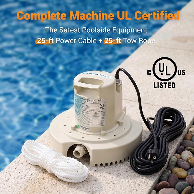 Pool Cover Pump Automatic On Off,1/4HP,1860GPH, 115V Submersible Water Pump for Inground/Above Ground Pool, Hot Tubs, Basement with 25ft Power Cord & 3/4” Adapter Include