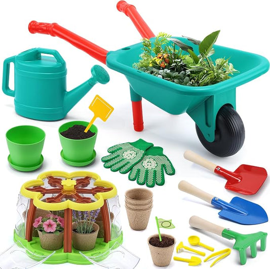 CUTE STONE Kids Gardening Set, Plant Growing Kit with Wheelbarrow, 3 Metal Garden Tools & Kids Grow House with Upgraded Irrigation, Outdoor Indoor STEM Toys for Toddlers 3+