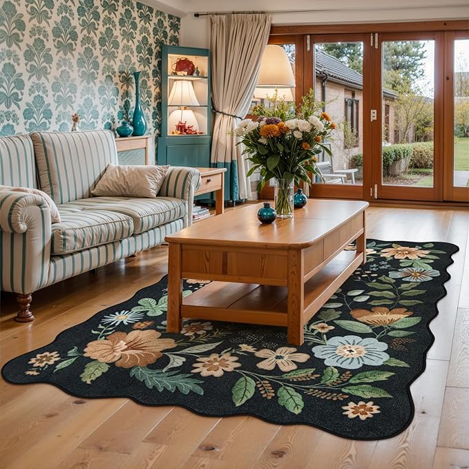 Lahome Floral Rugs for Living Room, 5x7 Area Rugs Ultra-Thin Soft Washable Rug, Non-Slip Bedroom Rug Stain Resistant Boho Flore Carpet for ‎Dining Room Office (5x7ft,Black/Grey)