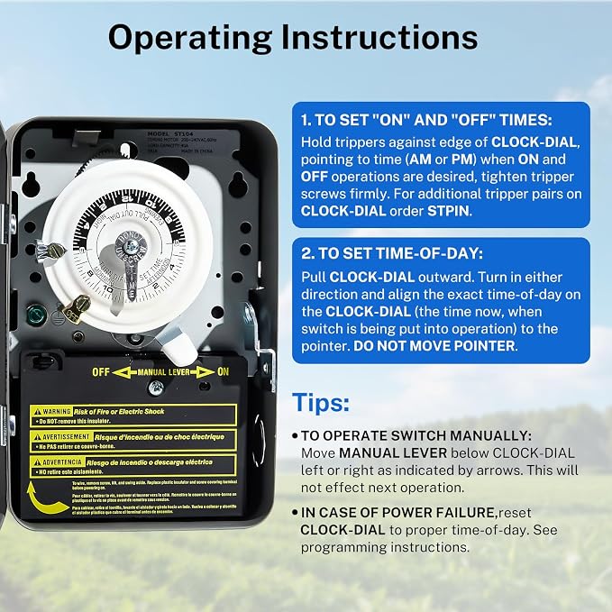 T104 24-Hour Mechanical Time Switch 40A DPST, for Pool Pumps, Water Heaters & Lighting, Metal Enclosure, Indoor Use Only