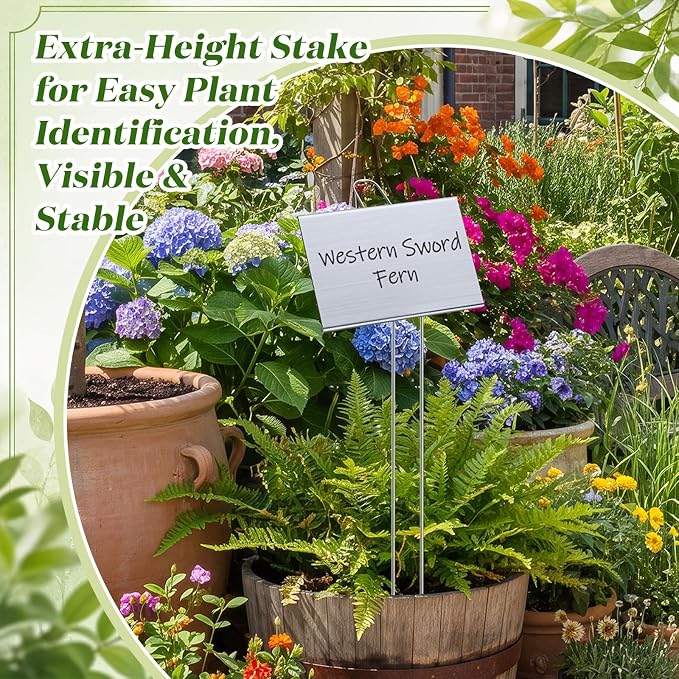 Landhoow 12 Pcs Large Garden Plant Markers Metal Plant Labels Sign 4'' x 6'' with 21'' Stake Weatherproof Waterproof Garden Sign for Outdoor Tree Seedlings Herbs Vegetable Greenhouse, Silver