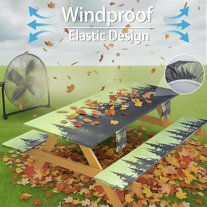 Fitted Waterproof Picnic Table Cover with Bench Covers Elastic 96×30In 3 Piece Camping Table Cloth for 8Ft Rectangle Tables Outdoor Camper Gifts Supplies Patio Rv Traveling Hiking Must Haves