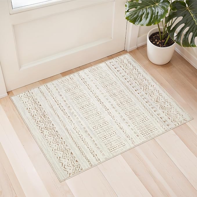 cotiled Washable 2x3 Entryway Rugs: Boho Moroccan Soft Small Rug | Solve Modern Neutral Trendy Home Decor - Stain Resistant for Bathroom Entryway Kitchen Laundry Brown Cream