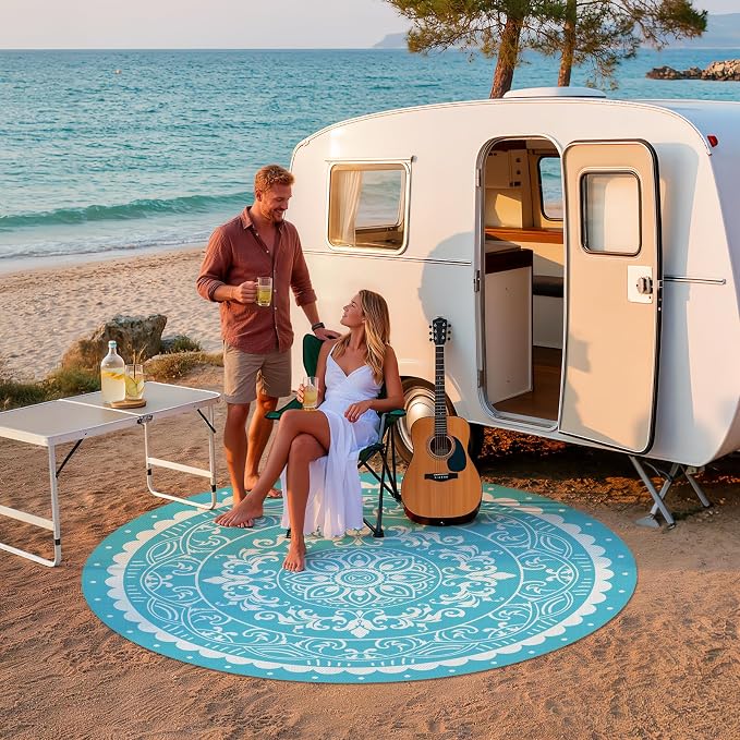 Pauwer Waterproof Outdoor Rug 8ft, Reversible Plastic Straw Patio Camping Rug, Indoor Outdoor RV Mat Carpet for Deck, Camper, Porch, Balcony, Backyard, Picnic, Paisley Teal