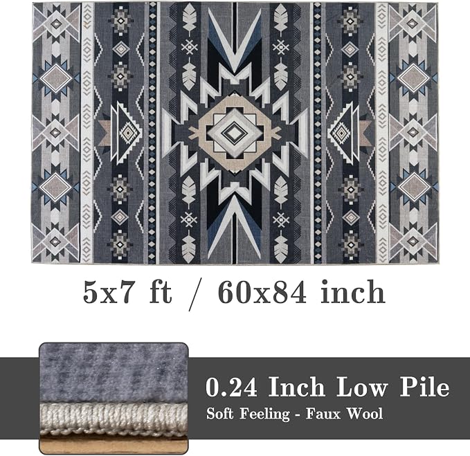 5x7 Western Rustic Aztec Area Rug for Living Room Bedroom Dining Room | Southwestern Tribal Grey Low Pile Faux Wool Rug, Machine Washable Non-Slip Carpet for Living Room Dining Bedroom