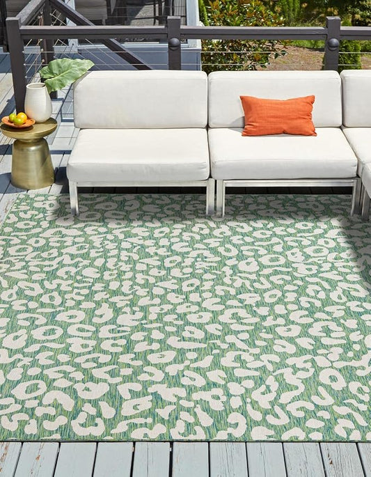 Unique Loom Outdoor Safari Collection Area Rug - Leopard (13' Square, Green Blue/ Ivory)