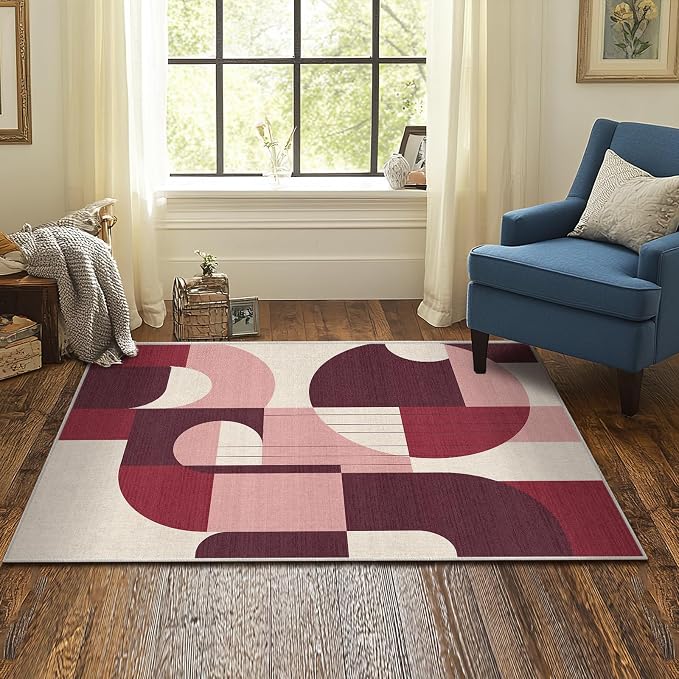 3x5 Burgundy and Pink Geometric Area Rug for Bedroom Entryway Hallway Dark Abstract Modern Rug Machine Washable Non-Slip Carpet for Bathroom Kitchen Bedside Living Room
