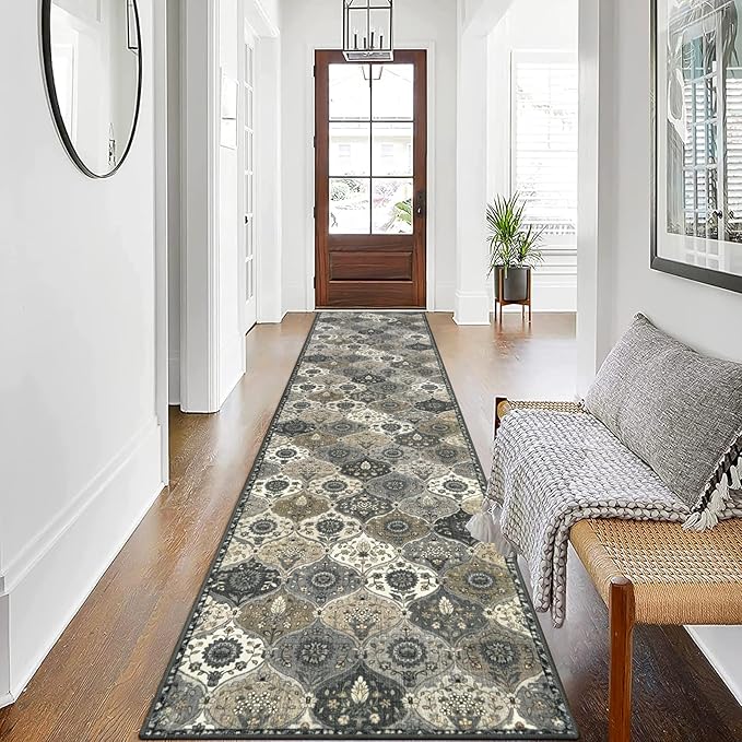 Lahome Moroccan Washable Runner Rug Non Slip, 2x10 Runner Rugs for Hallway | 2x10 Vintage Ultra-Thin Throw Long Carpet for Kitchen Entryway Bedroom Laundry Room Elise, Grey
