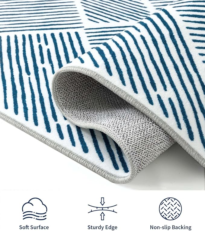 8‘x10' Washable Blue and White Rug, Modern Area Rug for Living Room | Non-Slip, Low Pile, Stain Resistant, Navy Blue Geometric Stripe Large Rug for Bedroom Dining Room
