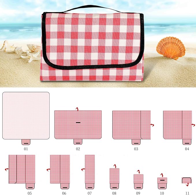 Picnic Blanket Waterproof Beach Rug 79''x79'' Picnic Mat Washable Lightweight with Handle Red Checkered for Hiking Travelling Outdoor Camping,Parks