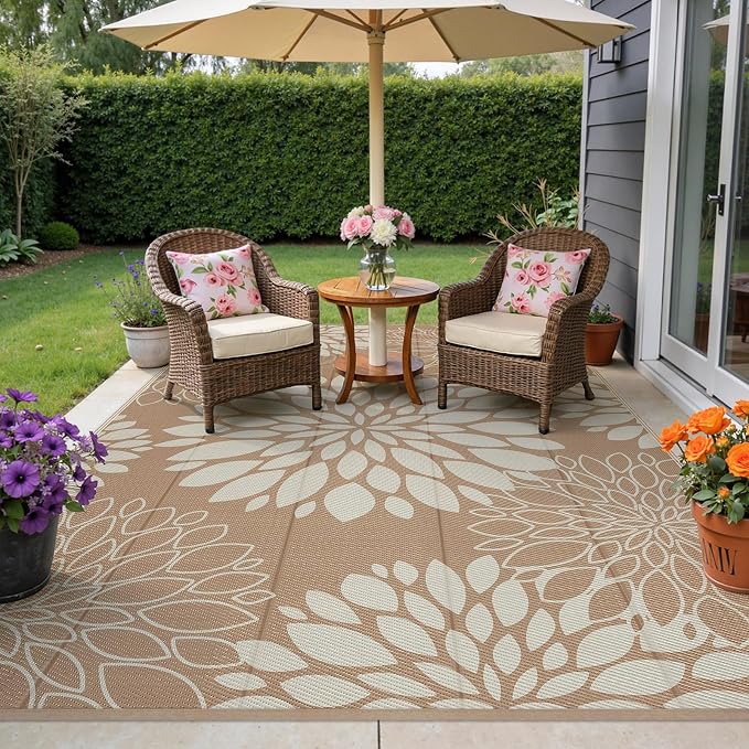 Ileading Waterproof Outdoor Rug 6x9, Reversible Plastic Straw Patio Rug, Portable Indoor Outdoor RV Camping Mat Carpet for Deck, Porch, Balcony, Backyard, Picnic, Floral Brown