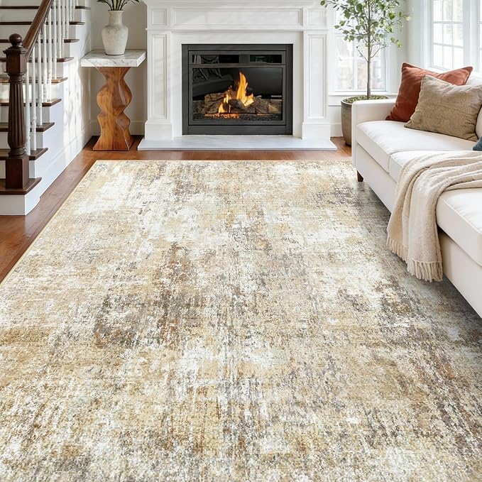 RELEANY Washable 8'x10' Abstract Area Rug for Living Room Neutral Brown | Carpet for Bedroom, Kitchen, Office, Hallway and Entryway, Printed Pattern, Non‑Slip, Soft, Stain‑Resistant, Easy to Clean